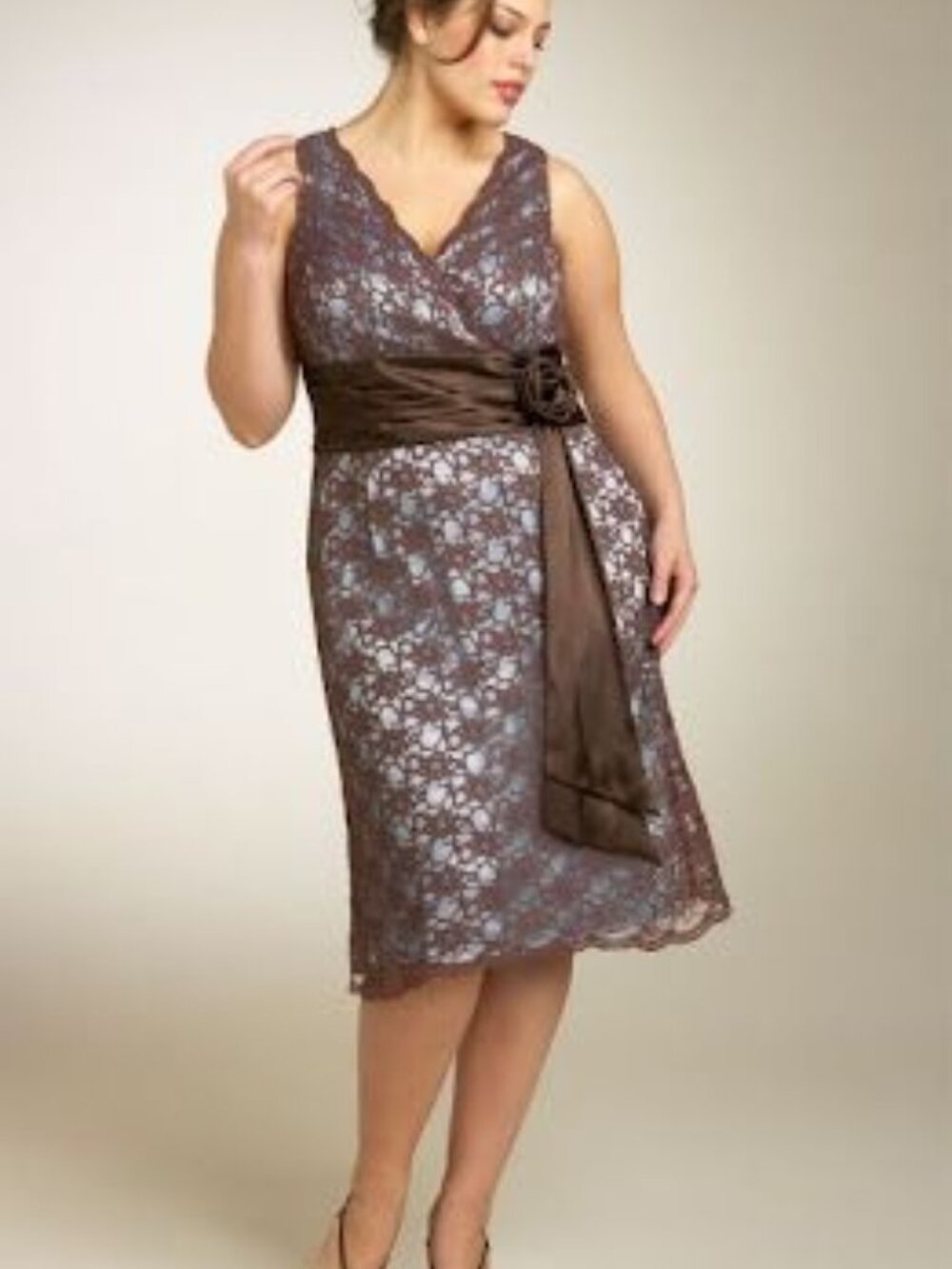 JS Boutique Brown Lace V-Neck Midi Dress Satin Waist Sash Size 24W